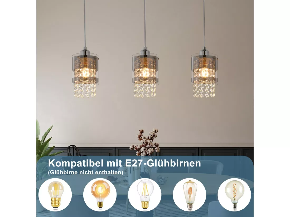 NETTLIFE Suspension 3 Ampoules E27 Moderne Diam.60CM Hauteur Réglable Design Verre et Cristal pour Salon Chambre Cuisine Salle à Manger Max.25w