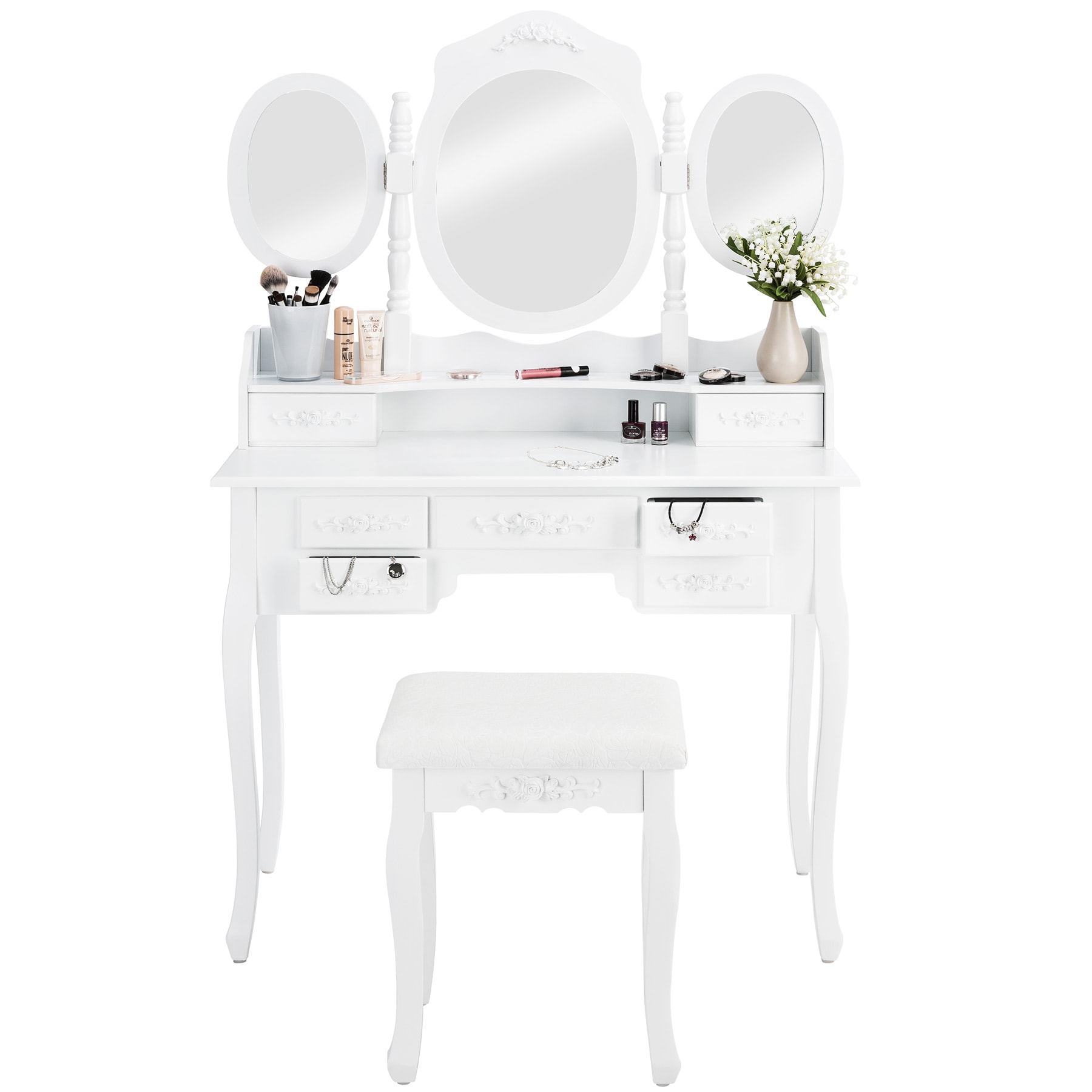 tectake® Schminktisch, im Antik-Look, mit gepolstertem Hocker, 7 Schubladen, 90 x 40 x 145 cm