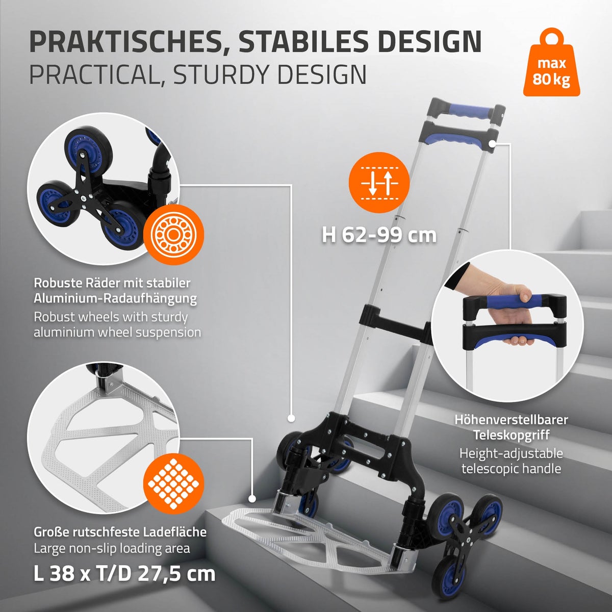ECD Germany Opvouwbare aluminium steekwagen, opvouwbare transportwagen met 6 wielen, tot 80 kg, traploopsteekwagen met telescopisch handvat, traploopsteekwagen, incl. handschoenen en spanband