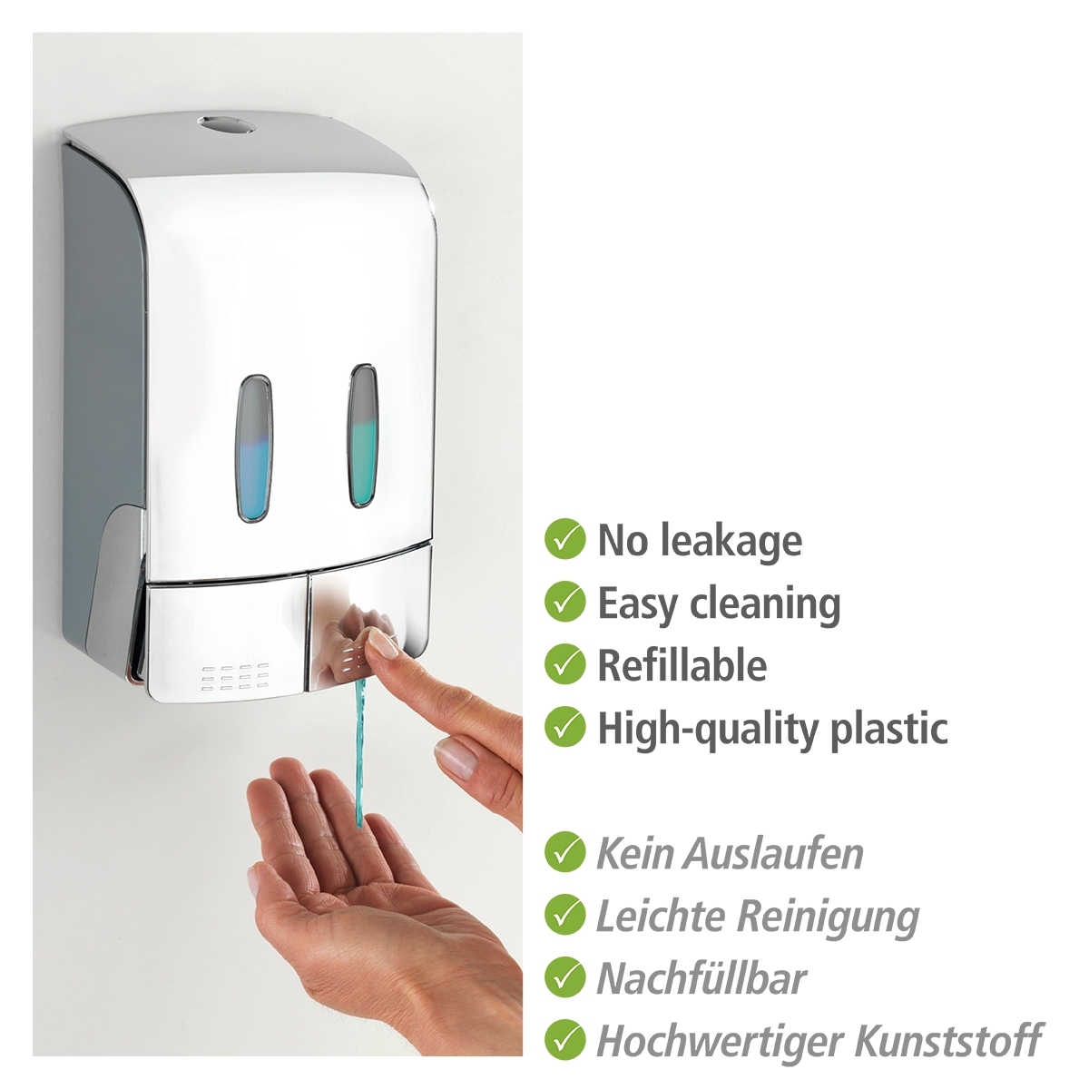 Wenko Tartas desinfectie & zeep wanddispenser 2x480 ml kunststof chroom