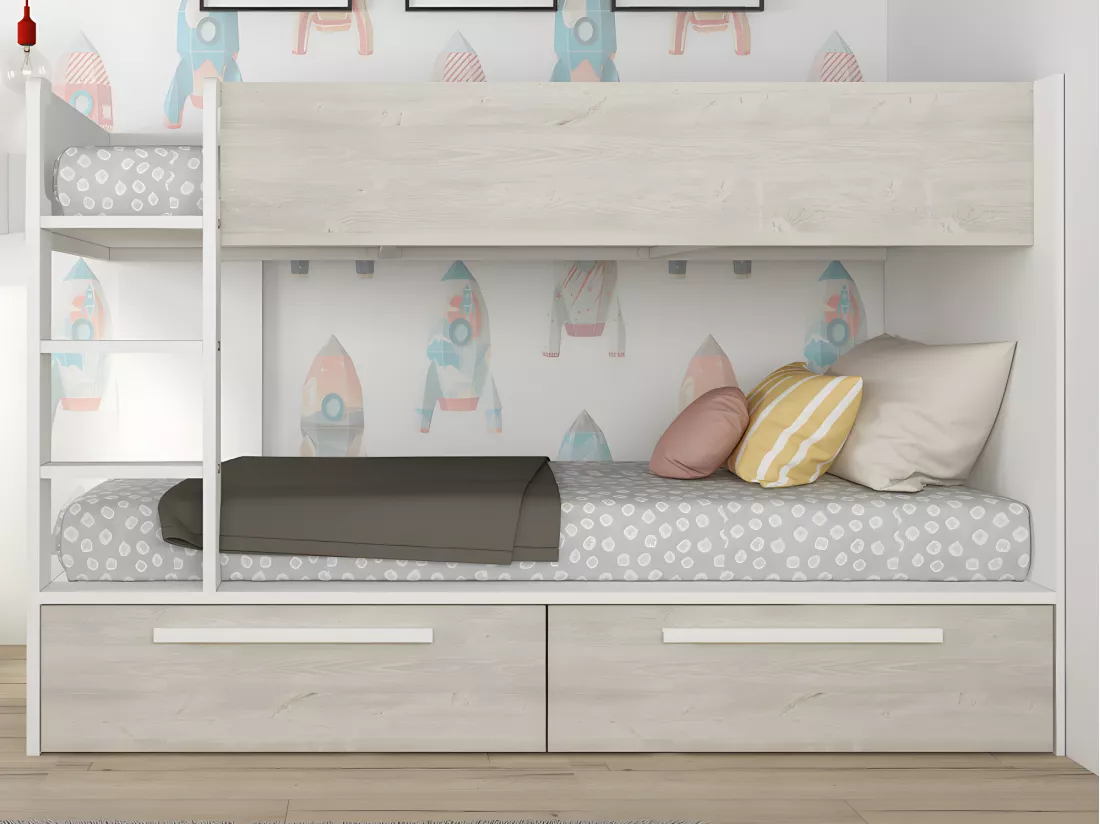Lits superposés 2 x 90 x 200 cm - 2 tiroirs - Blanc et naturel + Matelas - TINOLI