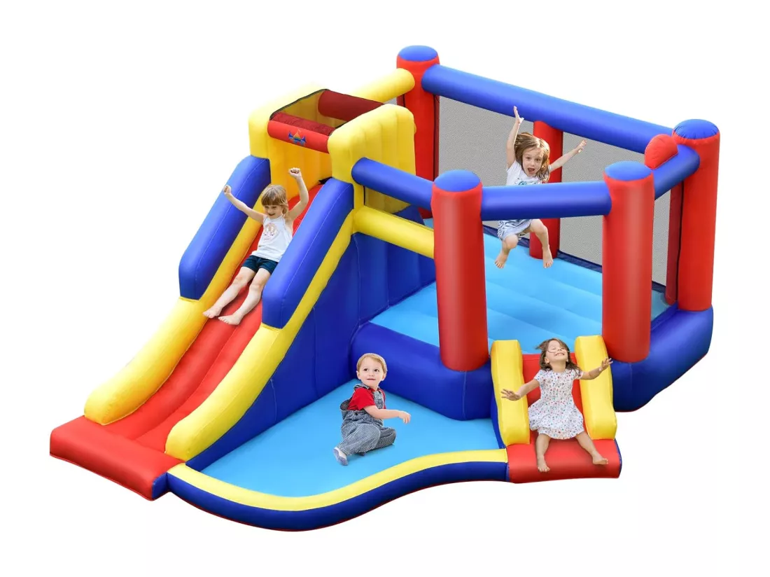 Château Gonflable avec Long Toboggan,Trampoline,Piscine à Balles,Mur d'Escalade,Panier de Basket Sac Transport avec Gonfleur 450W