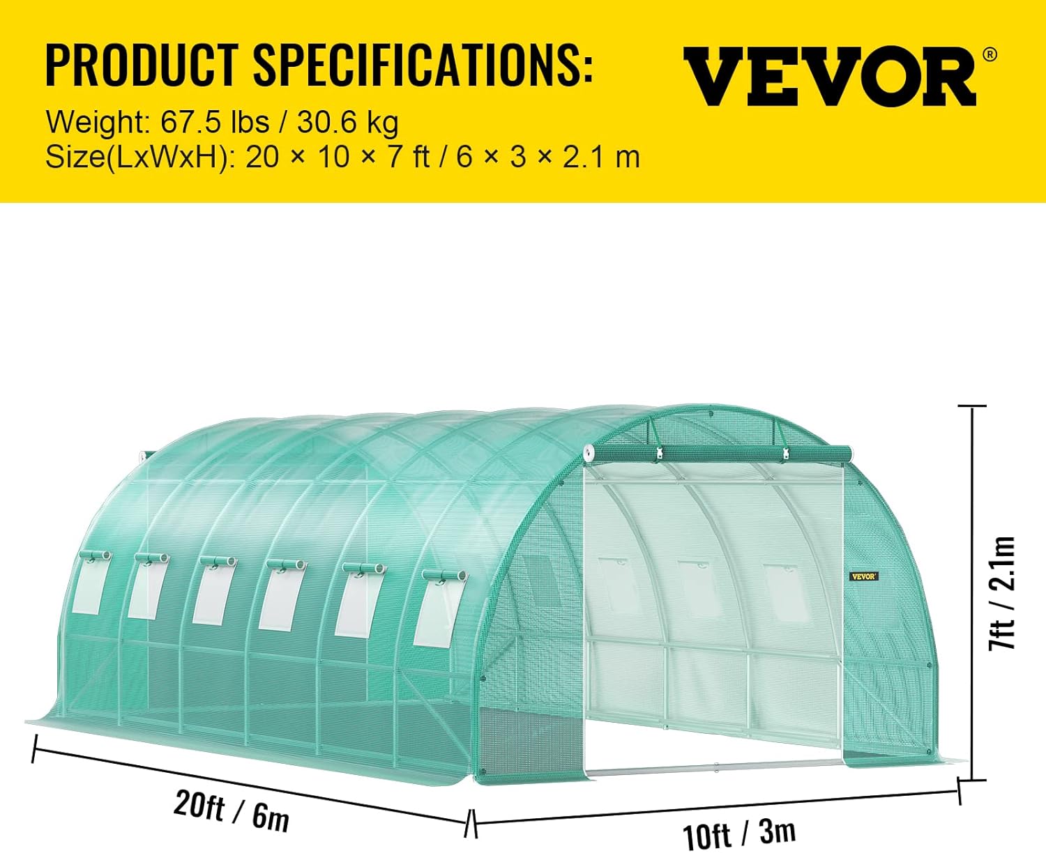 VEVOR Bogendach Gewächshaus 6,1x3x2,1m Foliengewächshaus Verzinkter Stahlrahmen und PE Abdeckplane Treibhaus Tunnel Wasserdicht und UV-beständig Tomatengewächshaus Ideal für Anbau von Gemüse Blumen