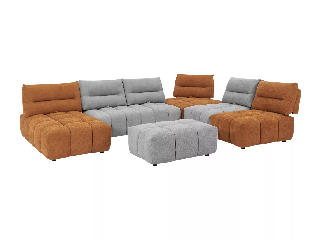 Canapé d'angle panoramique modulable et pouf dossier avance-recule en tissu texturé gris clair et terracotta APOLIU