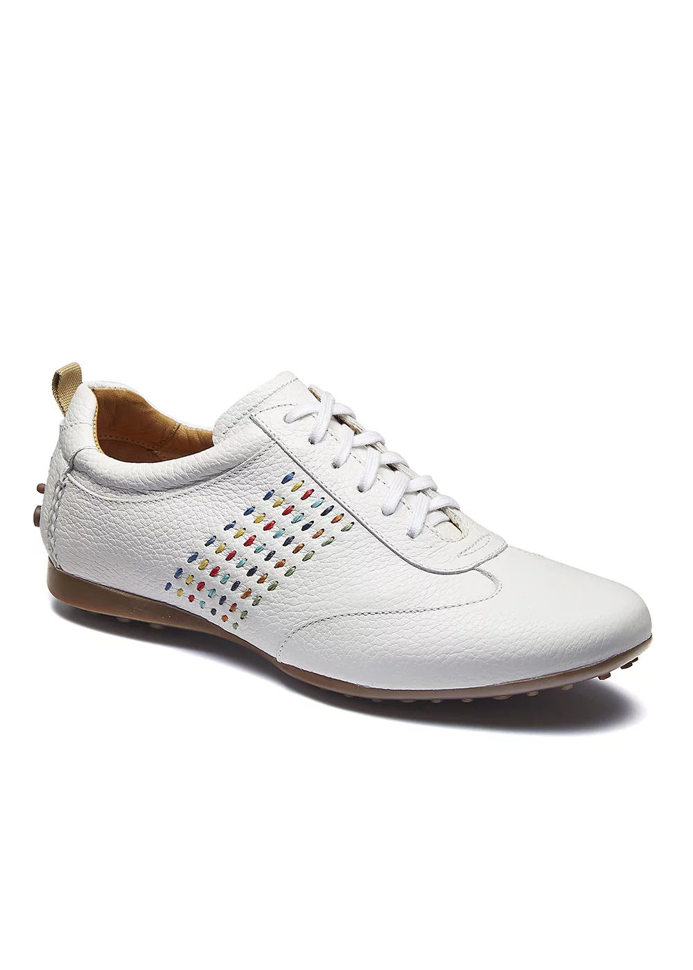 SNEAKERS CUIR GRAINE BLANC SURPIQURES COLORES