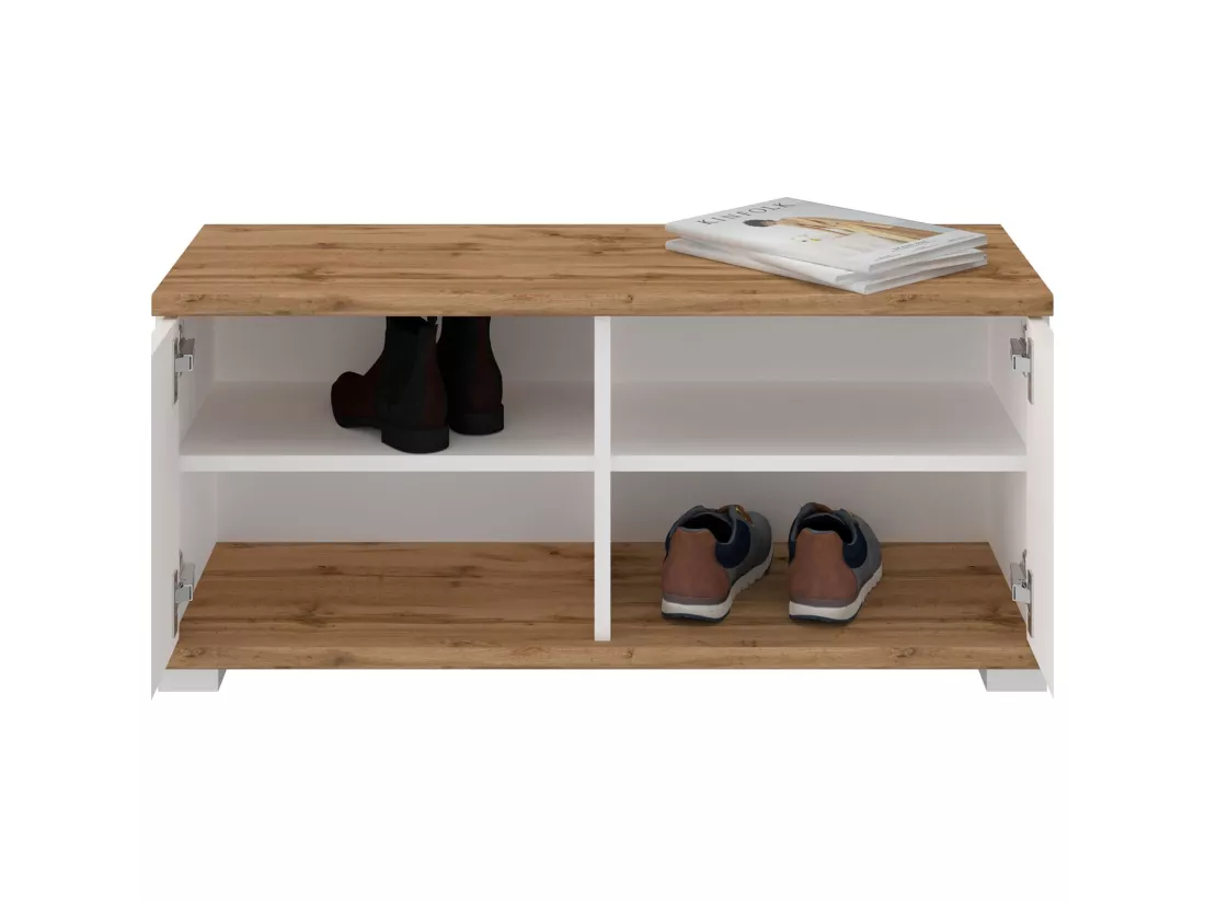 Ensemble banc de rangement à chaussures et porte manteau mural VIELLA en mélaminé couleur chêne wotan et blanc