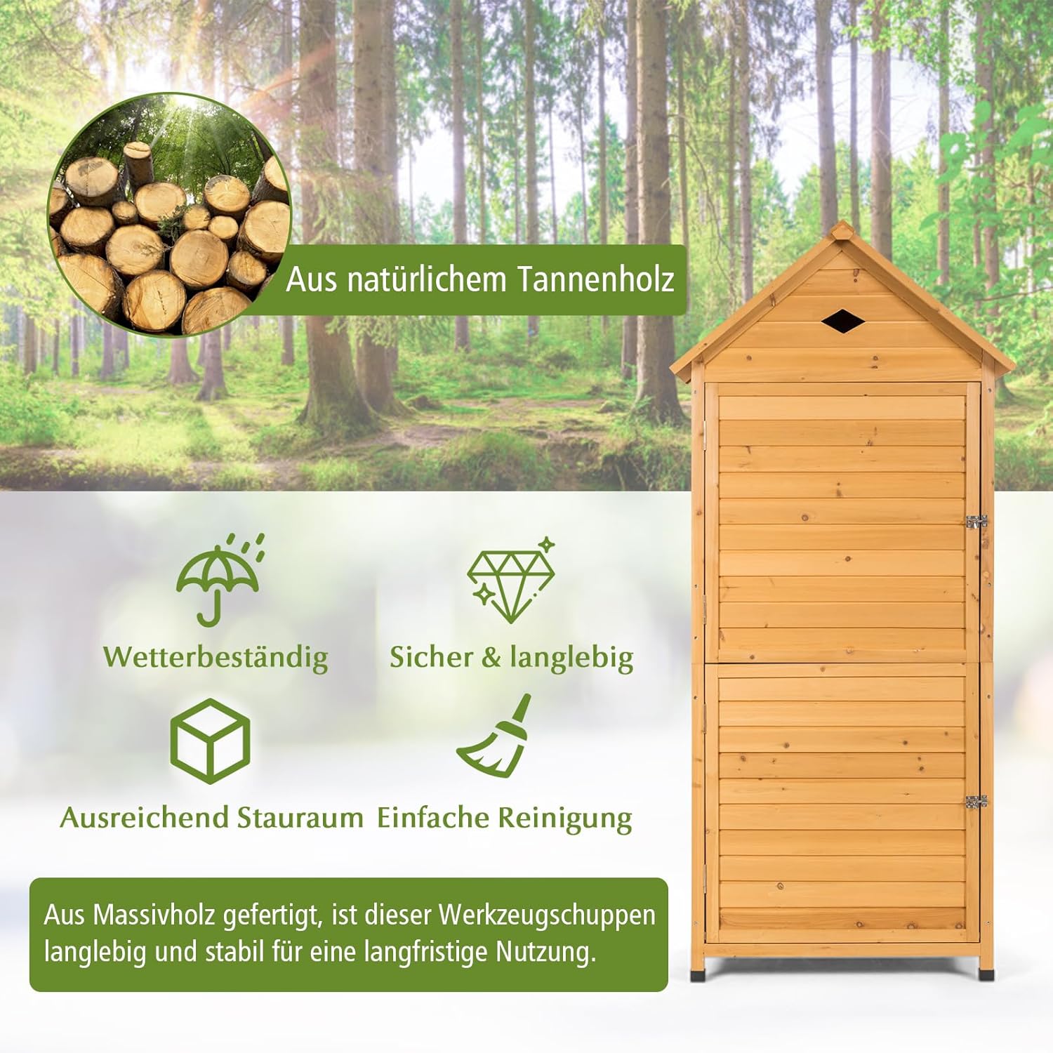 GOPLUS Gartenhaus Holz, 80 x 35 x 176 cm Geräteschuppen mit Satteldach & Ablagen & Schloss, Gerätehaus wetterfest, Gartenschrank Gartenhütte Holzhütte Gartenschuppen für Terrasse & Balkon