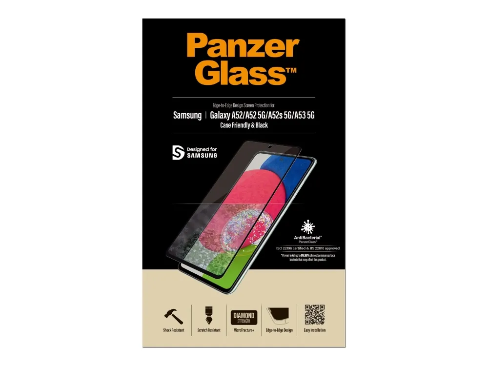 PanzerGlass™ | Case-Friendly - Skærmbeskytter for mobiltelefon - Edge-to-Edge fit - rammefarve sort | Samsung Galaxy A52/A52 5G
