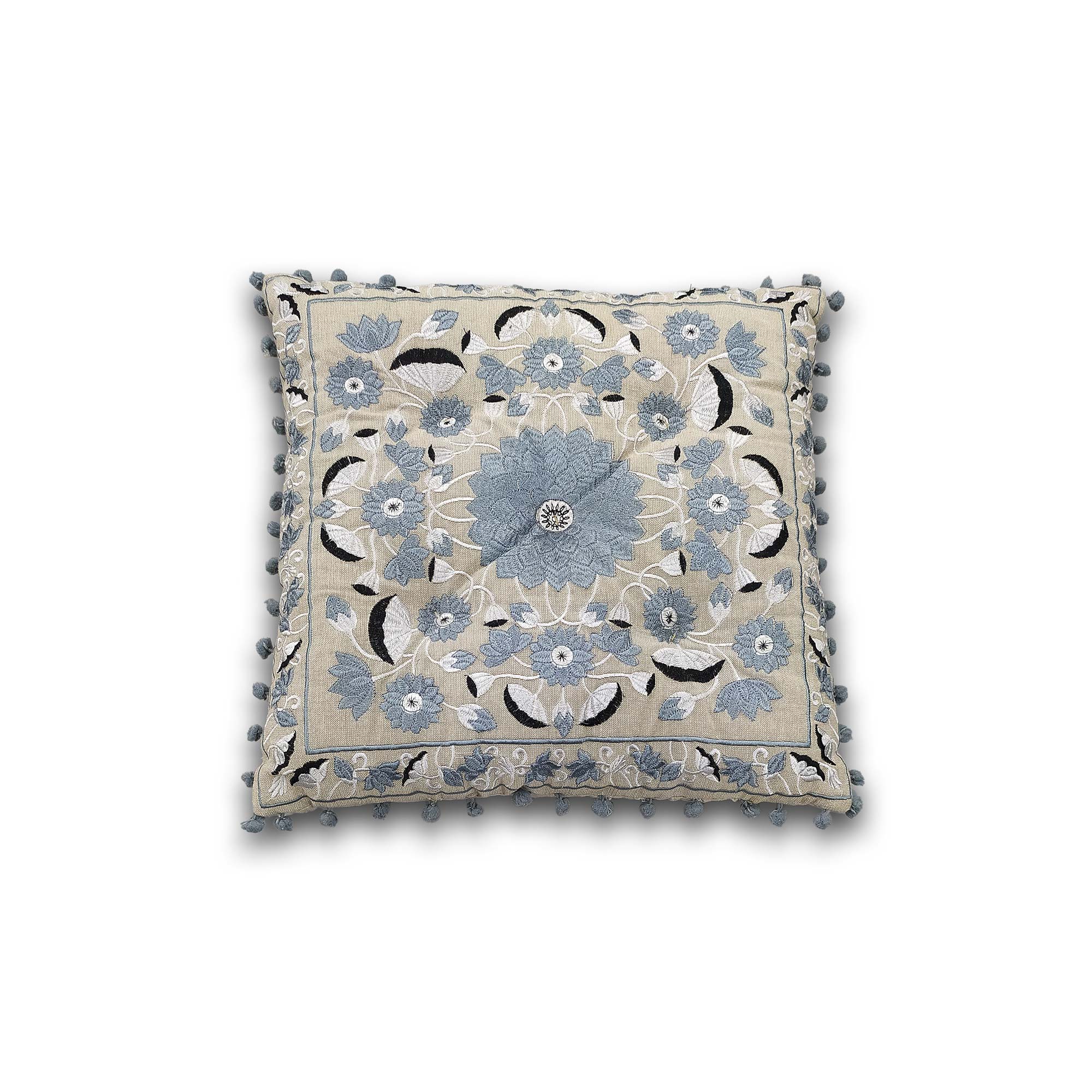 Besticktes Sitzkissen, beige, blau-weiß, B 40 cm, L 40 cm, H 5 cm von fischer's lagerhaus