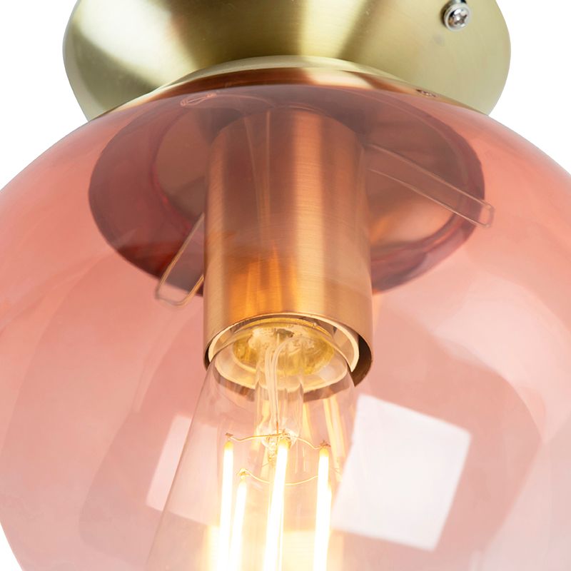 Art deco plafondlamp messing met roze glas - Pallon