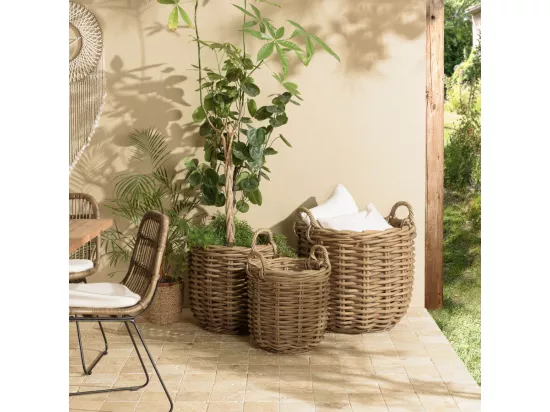 KALLY - Set de 3 paniers de rangement ronds en rotin naturel