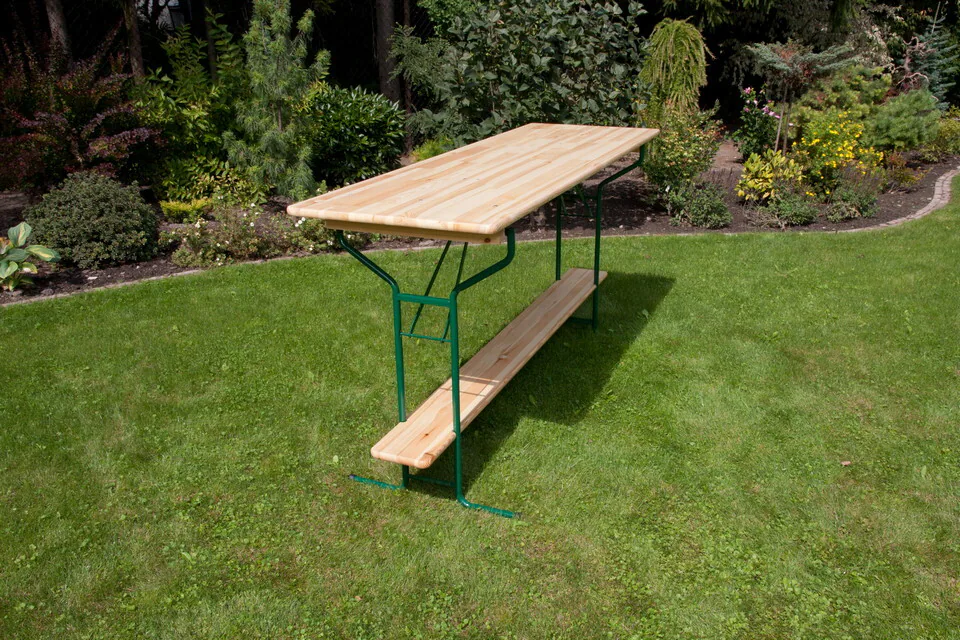 DEGAMO Stehtisch BAMBERG 220cm klappbar, Metall + Holz lackiert, mit Fuss-Stütze