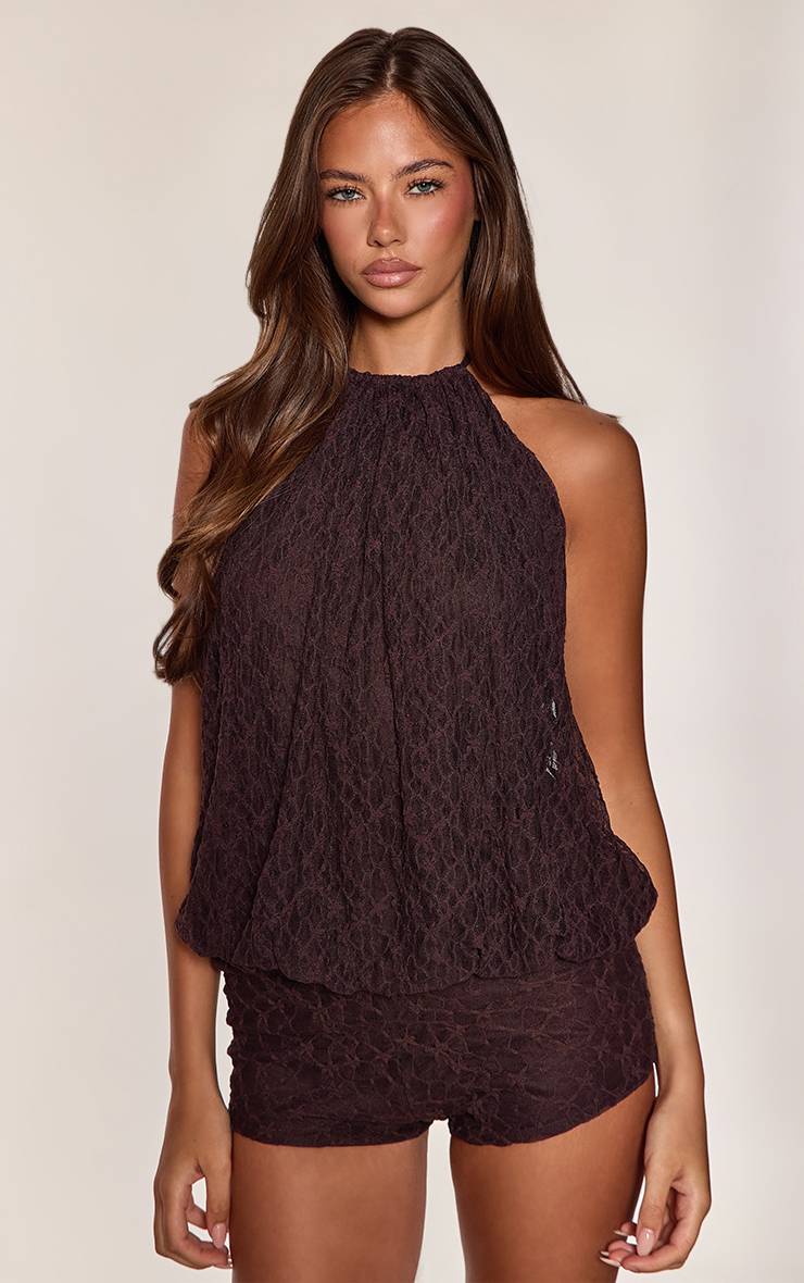 Marron Ensemble Coordonné Hot Pants En Dentelle