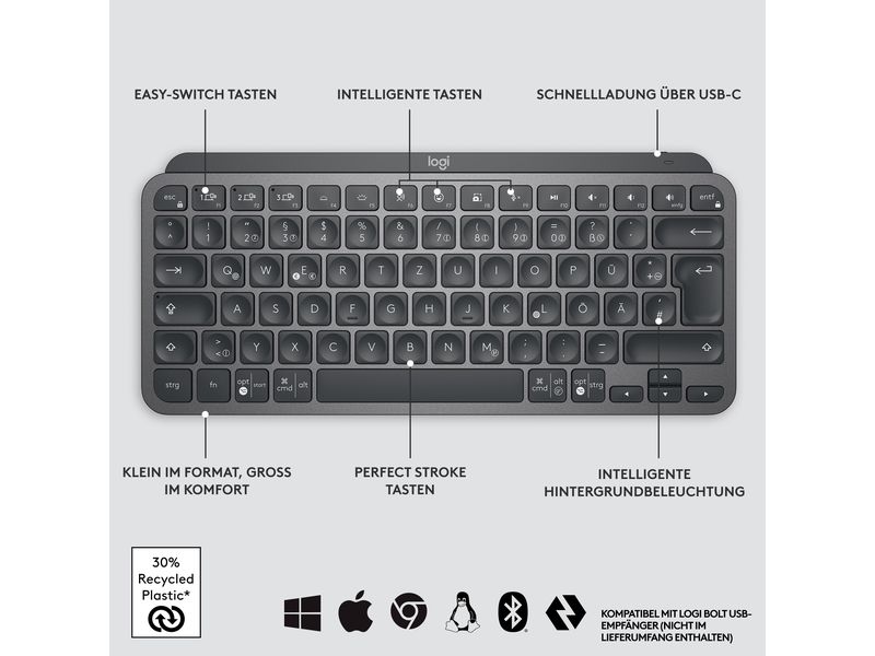 Logitech Tastatur MX Keys Mini Graphite CH-Layout Minimalistische kabellose Tastatur mit Tastenbeleuchtung