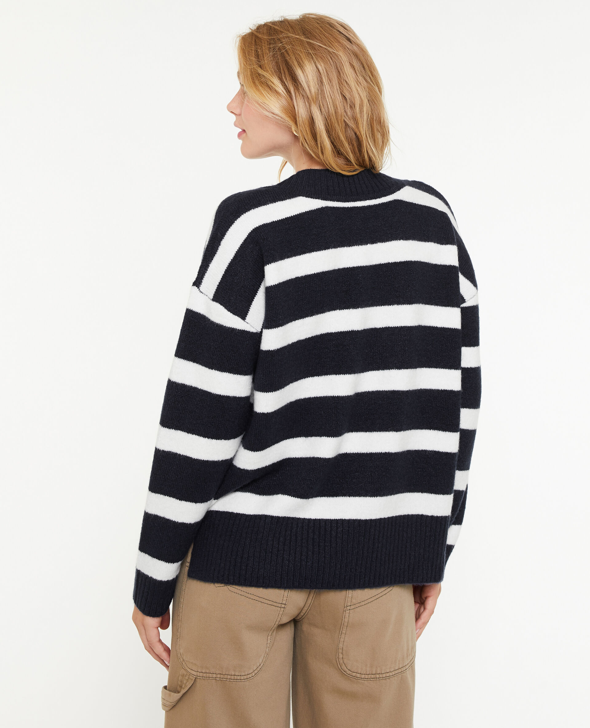 Pull droit rayé avec grand col V - Bleu marine