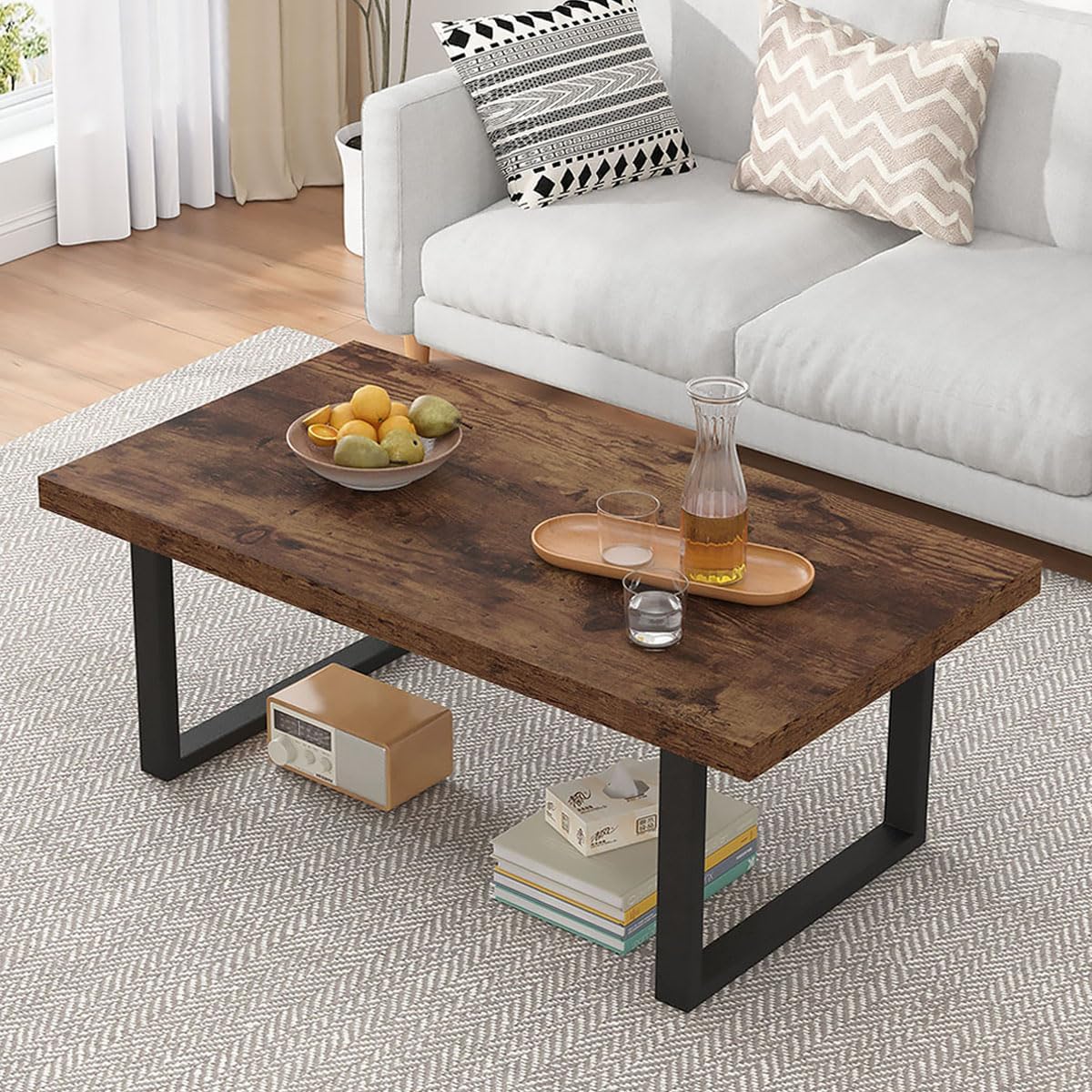 IBF Rustikaler Braun Couchtisch, Industrieller Schlichter Wohnzimmertisch, moderner minimalistischer Bauernhaus-Rechteckiger Mitteltisch Vintage Couchtisch für Zuhause Schlafzimmer