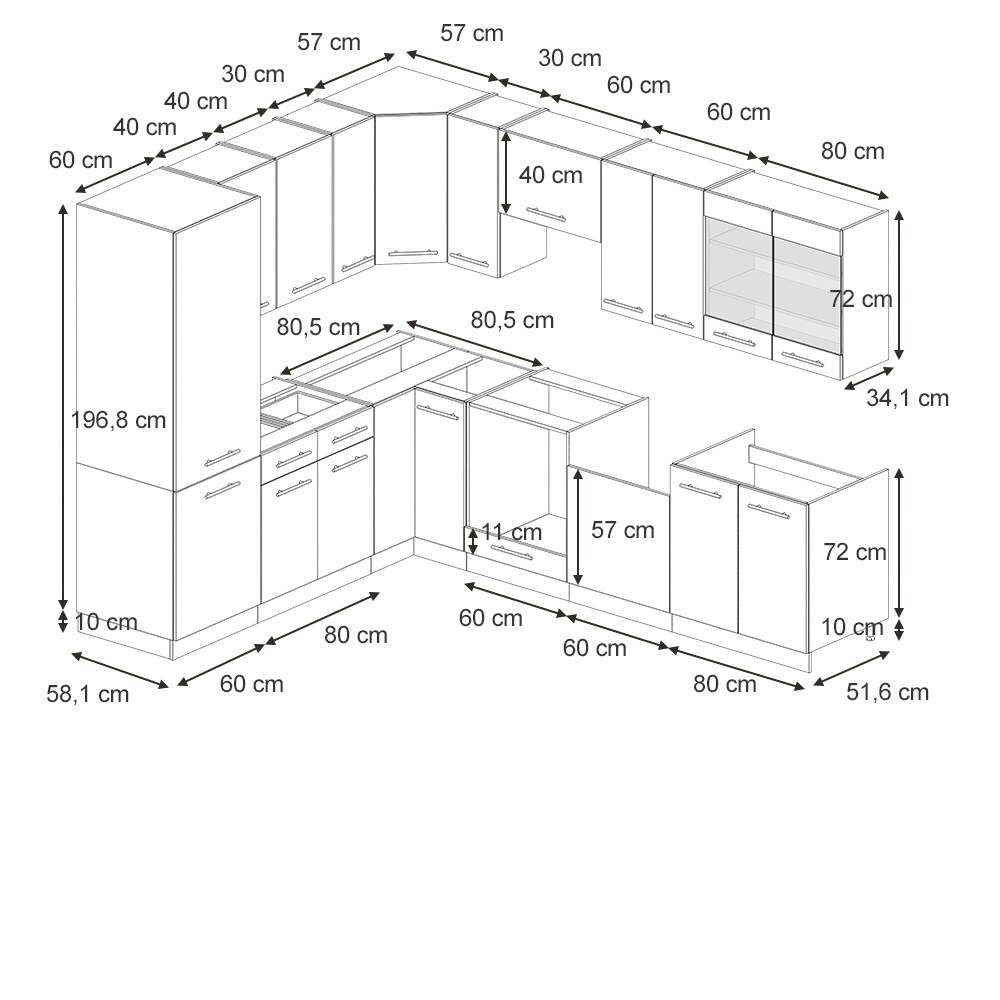 Vicco Eckküche Fame-Line Eiche Dunkelblau Hochglanz 287x227 cm ohne Arbeitsplatte