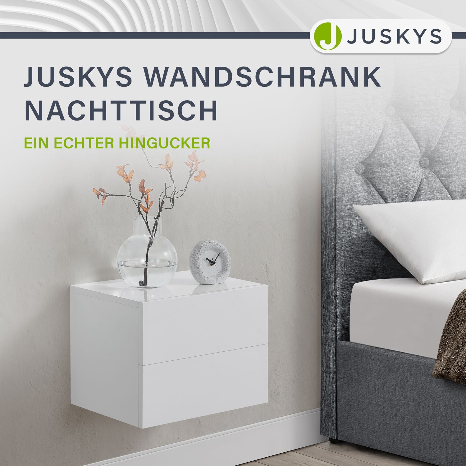 Juskys Nachttisch hängend Holz 40x29x30 cm - 2 Schubladen Wandmontage - Nachtschrank Weiß Hochglanz