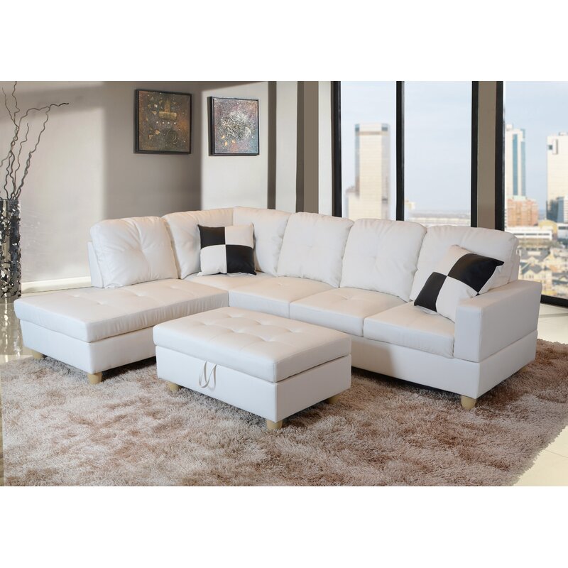Wilhelmine 103.5&prime;&prime; Wide Faux Leather Sofa & Chaise With Ottoman