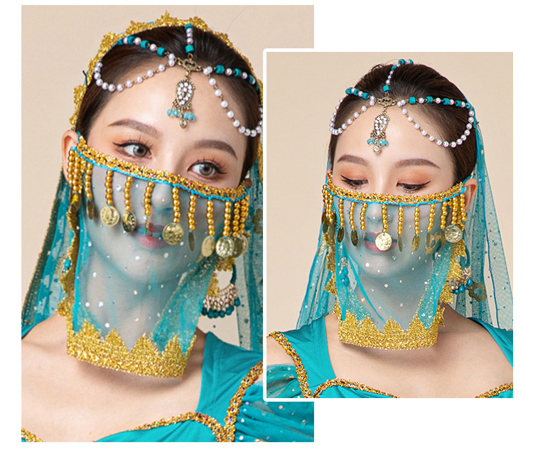 Orientalischer Gesicht Schleier Fasnachts Bauchtanz Kostüm Zubehör Motto Party Accessoire 1001 Nacht Halloween Foto Requisite - Türkis / Gold