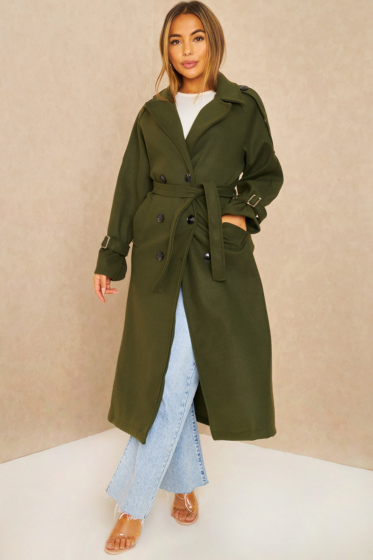 Manteau long duveteux style trench kaki
