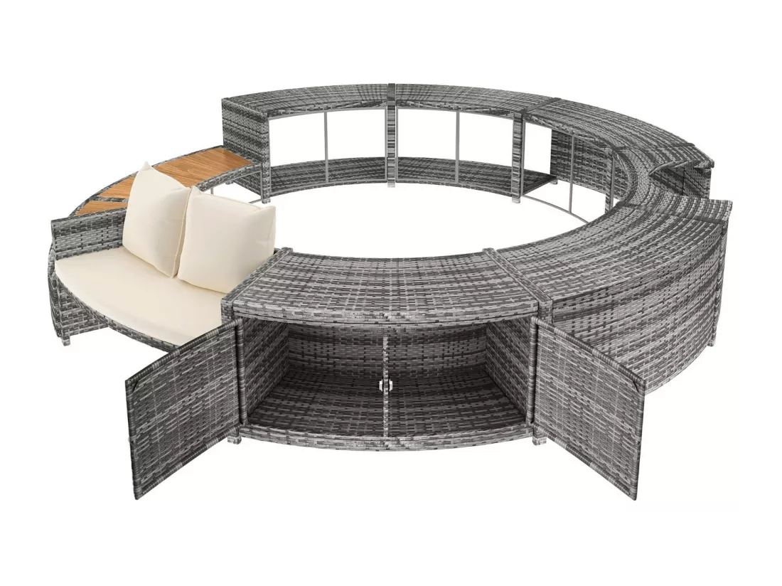 Salon de jardin avec un canapé rond, coussins beige et rangement, pieds réglables, pour piscine gonflable - 283x283x55cm