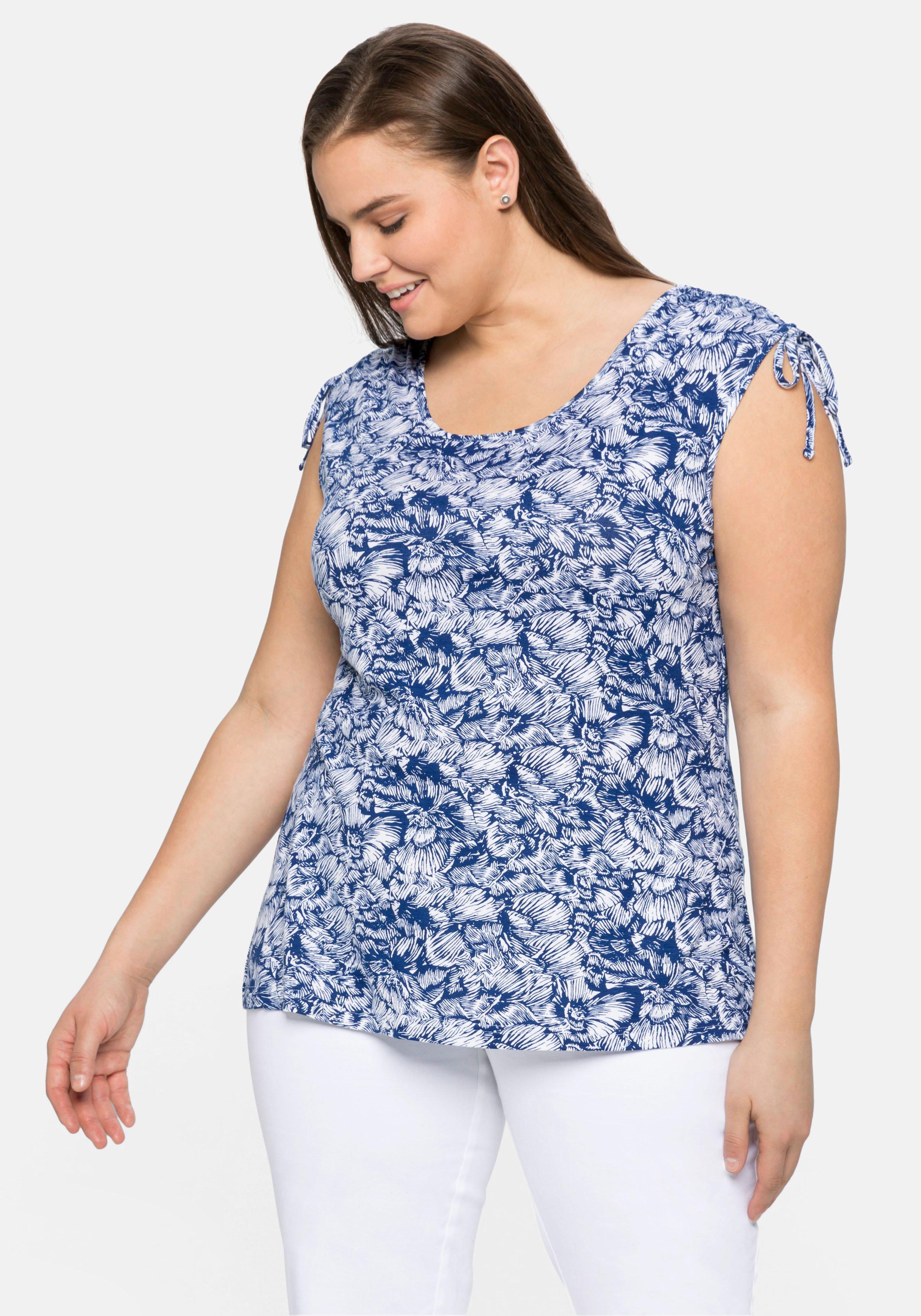 Jerseytop mit Blumenprint und geraffter Schulte