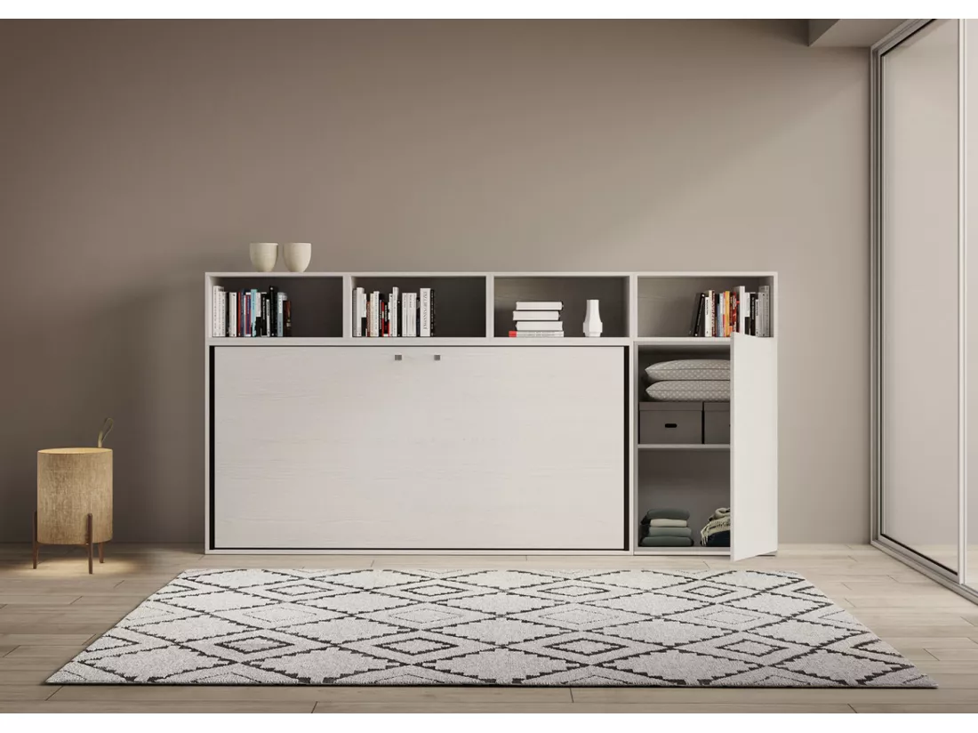 Lit escamotable horizontal blanc Bounto 85x185 avec rangement composition A-1 matelas 85x185