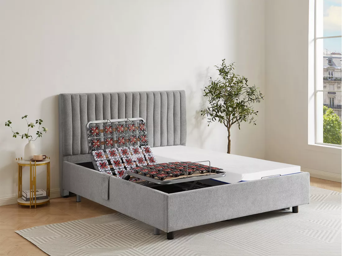 Lit électrique de relaxation déco tout plots + matelas mémoire de forme - 2 x 90 x 200 cm - Tissu - Gris - SASORA de YSMÉE