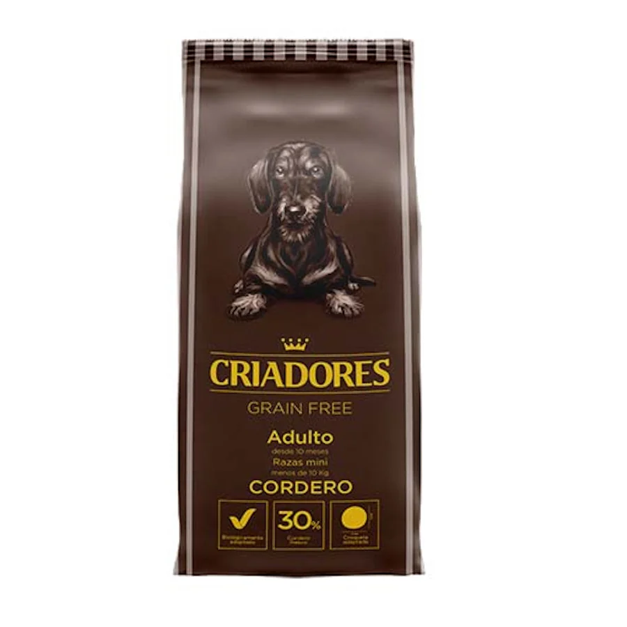 Ração para cães adultos Breeders, sem grãos, sabor cordeiro, para raças miniaturas.