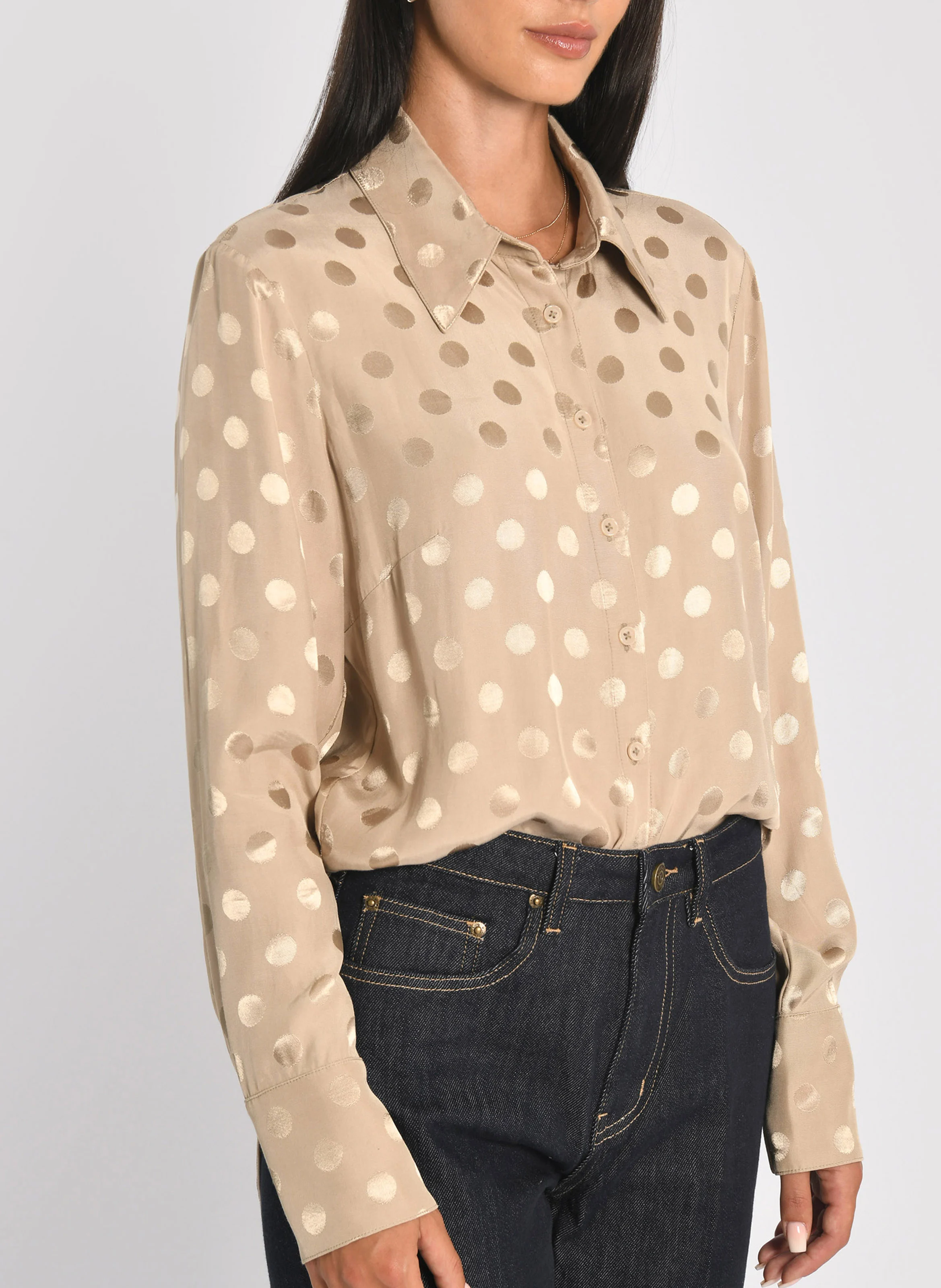 BELLA - Chemise col classique à motif pois brillants| Beige