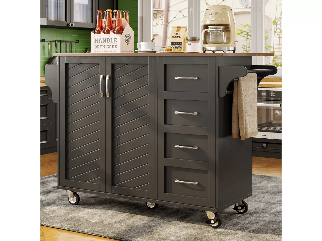 Ilot central de cuisine mobile avec 2 portes, 2 tiroirs et porte-serviettes - Plateau extensible - 128 x 46/71 x 93 cm - Bois MDF - Noir + marron
