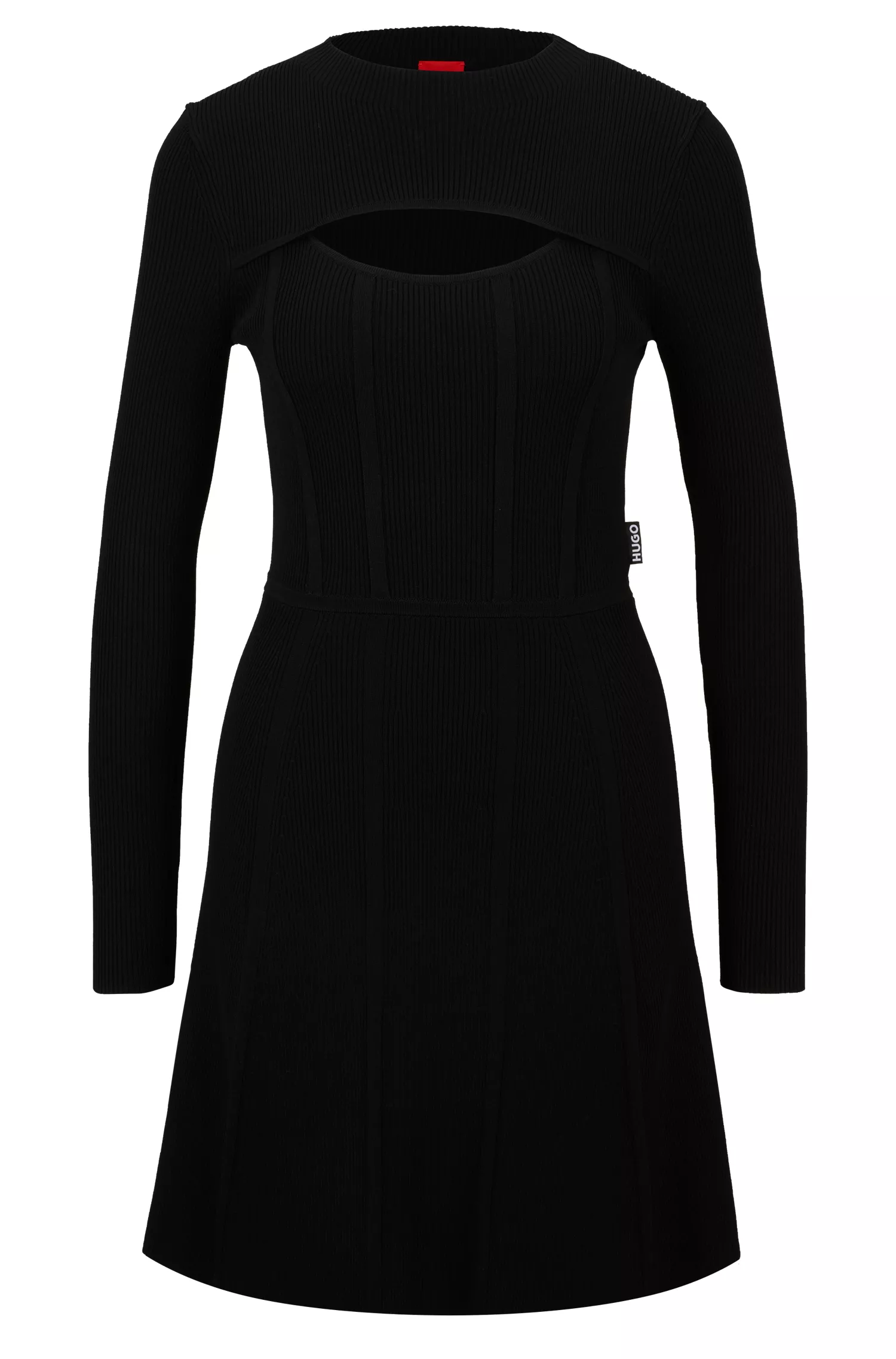 Vestido vermelho HUGO, modelo evasê, com detalhe vazado.
