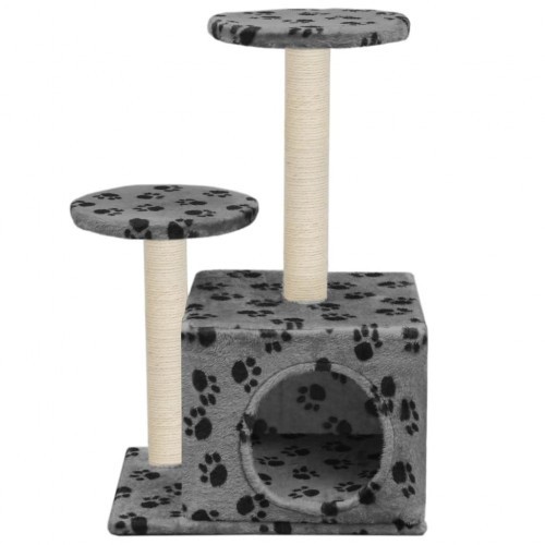 Arranhador para gatos com sisal e estampa de patas cinzentas.