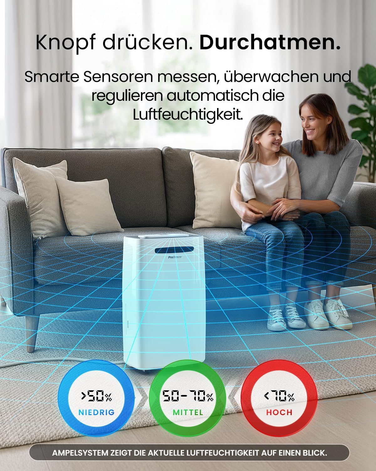 Pro Breeze Luftentfeuchter 25L in 24h Entfeuchtungsleistung - Raumgröße ca. 195m³ (~30 m²) - mit 4 Betriebsarten, Digitalanzeige, Ablaufschlauch, Wäschetrocknung, Timer - Gegen Feuchtigkeit, Schimmel