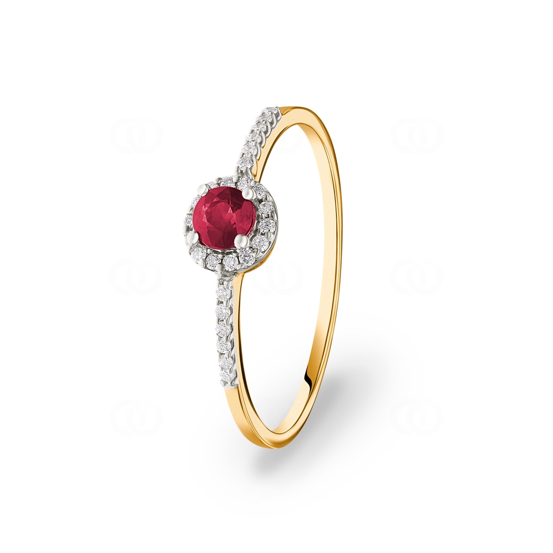 Damenring 750/18 K Gelbgold mit Rubin rund und Diamanten 0.07 ct H/si