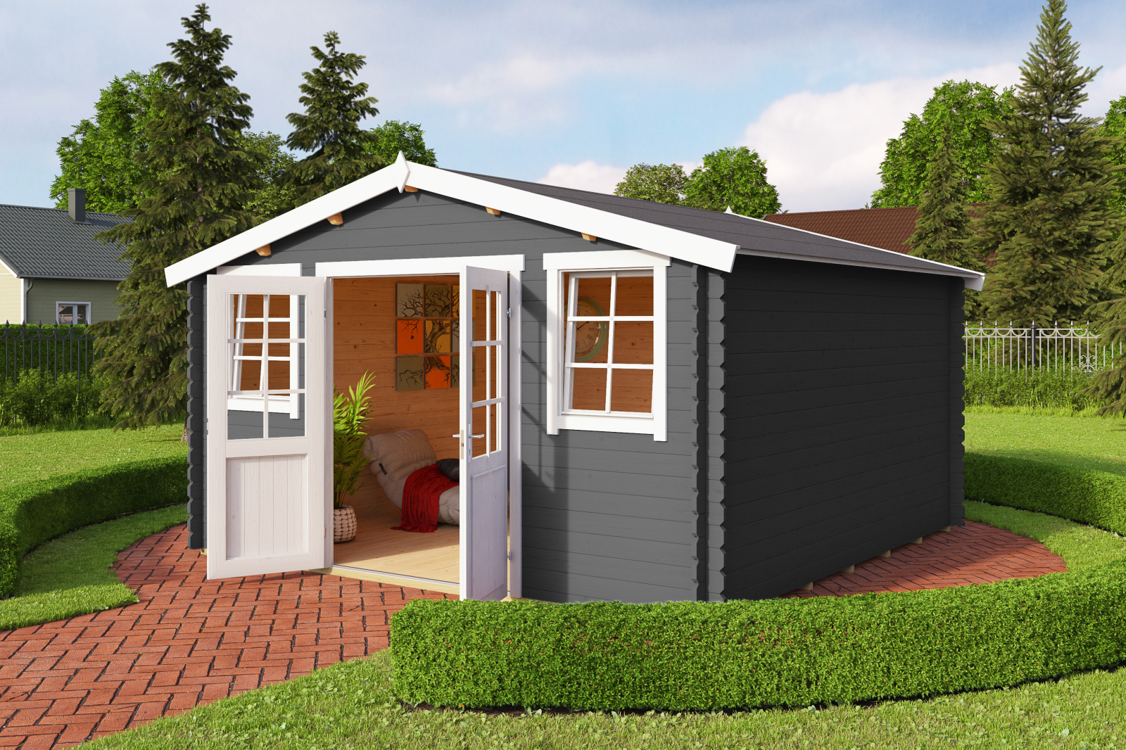 Gartenhaus WELS 4 DT - carbongrau - Fichte massiv - 390x390 cm