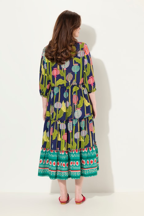 Maxikleid, Stehkragen, V-Ausschnitt, 3/4-Arm, Knöpfe