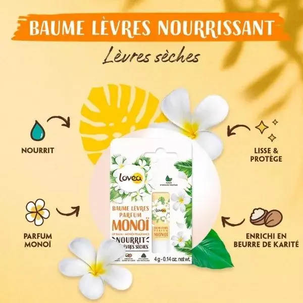 Lovea - Bálsamo Labial - Monoi - Lábios Secos - Com Manteiga de Karité 4g