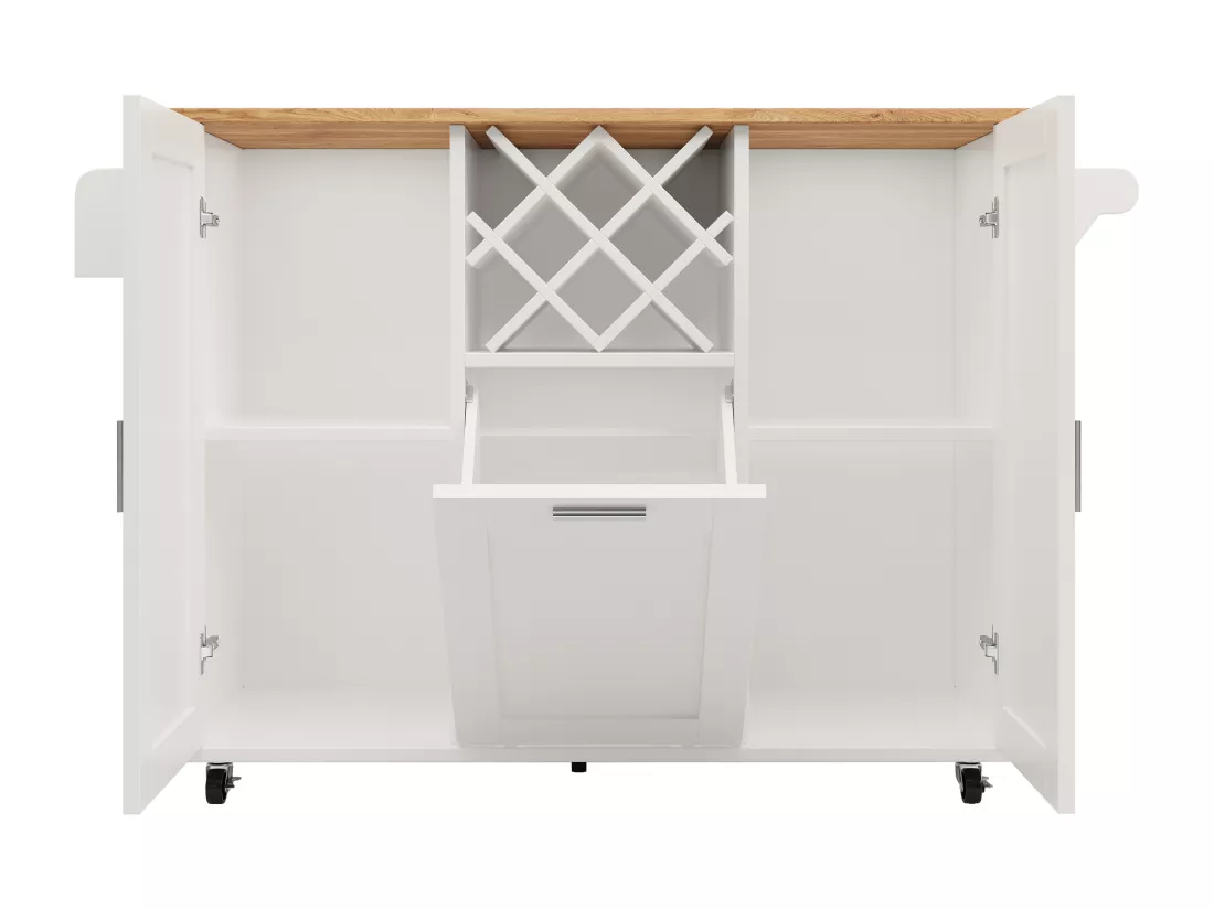 Ilot central de cuisine - chariot à roulette avec plateau extensible - 2 portes et casier à vin - Blanc