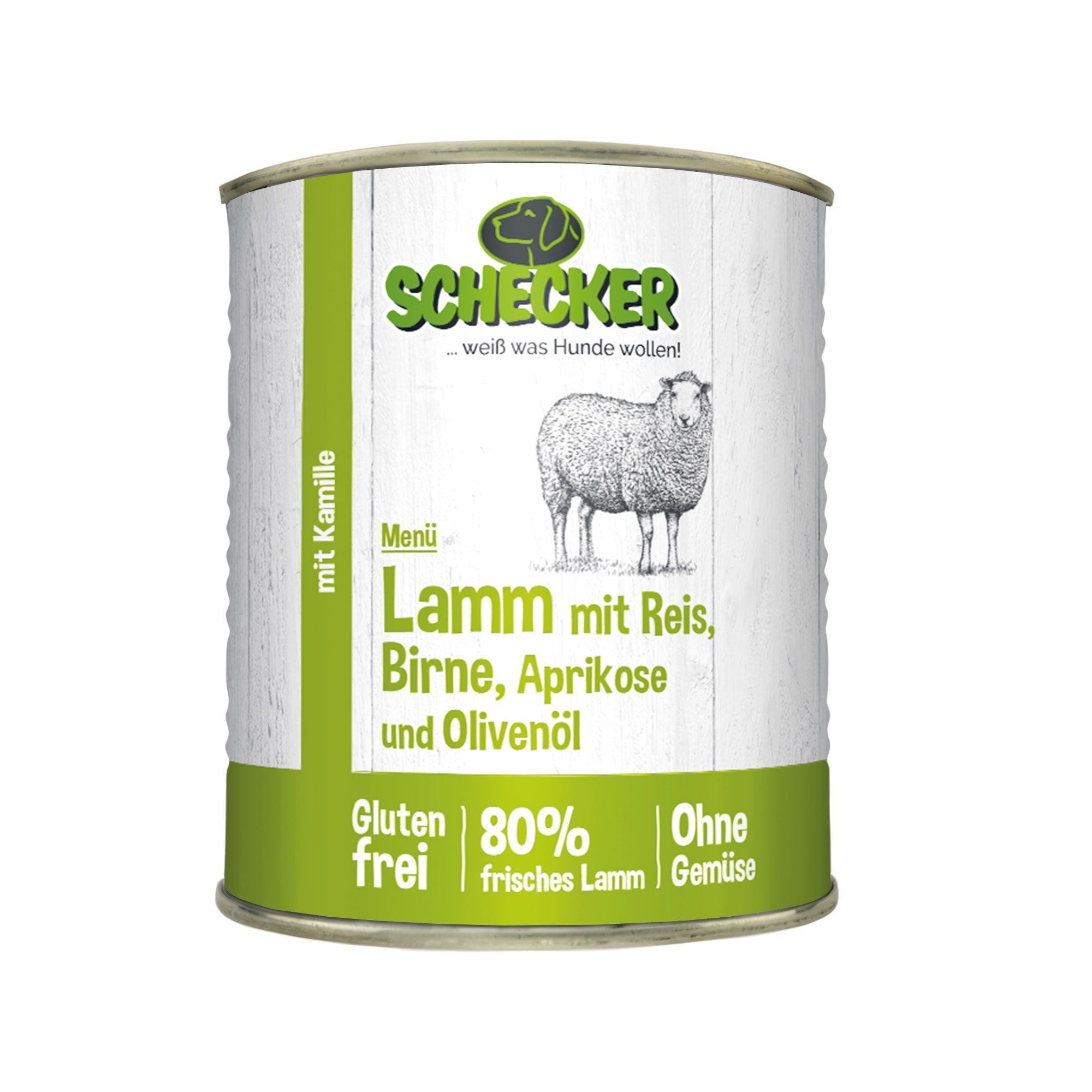 Schecker Hundemenü  mit Lamm mit Reis Birne Aprikose und Olivenöl