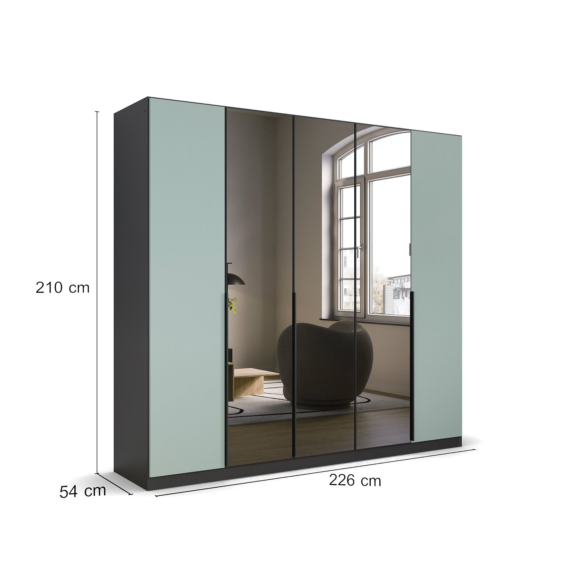 Drehtürenschrank - grau metallic-salbei - 226 cm - 5-türig