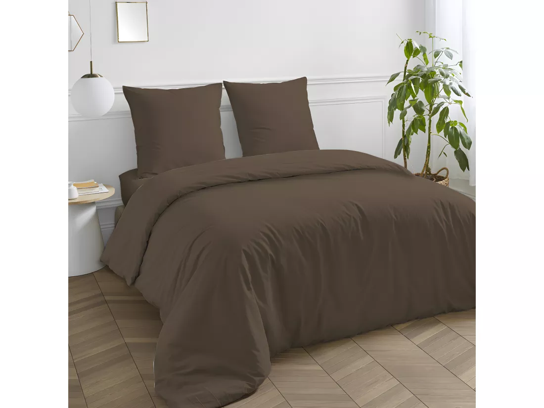 Drap housse en coton 57 fils uni bonnet 25cm taupe 140x200cm