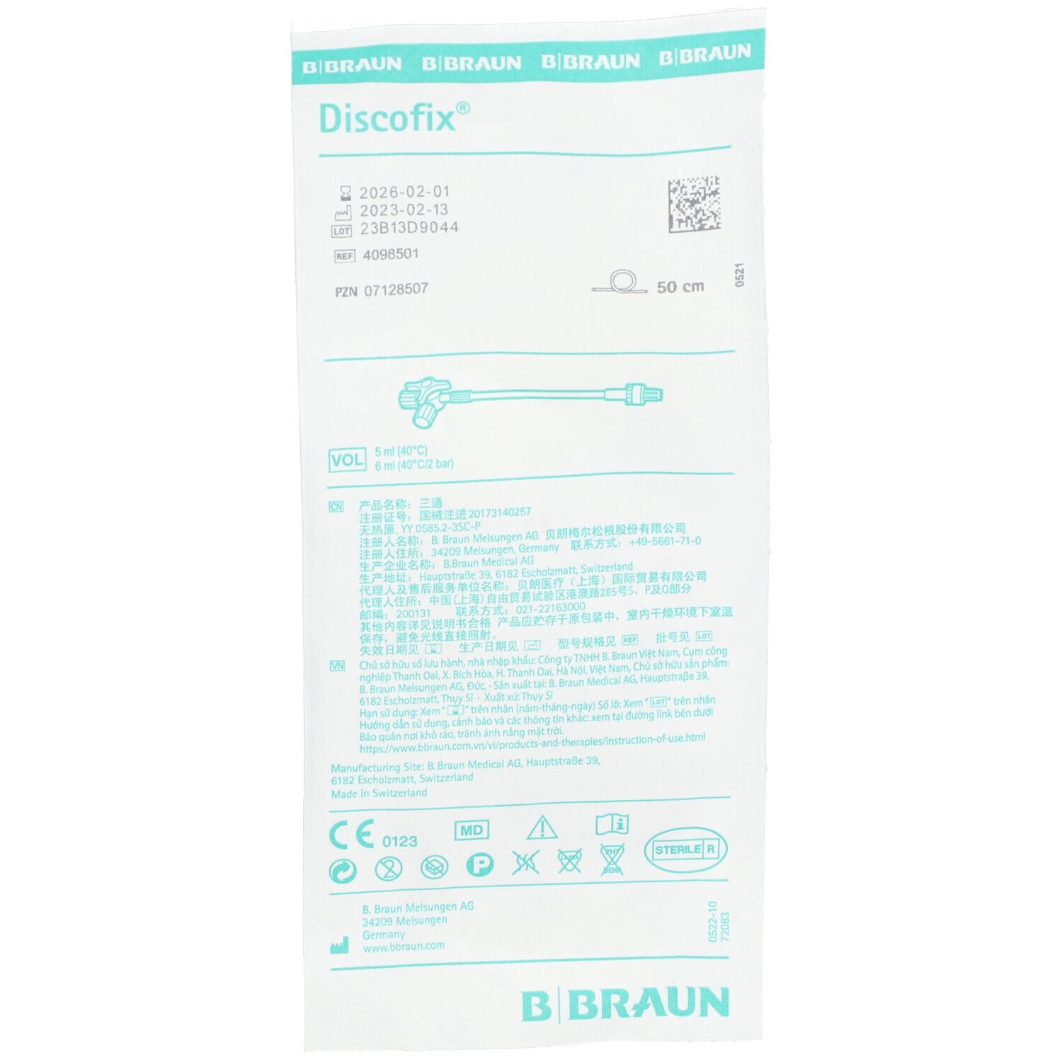 Discofix®-3 Dreiwegehahn mit Verbindungsleitung 50 cm blau