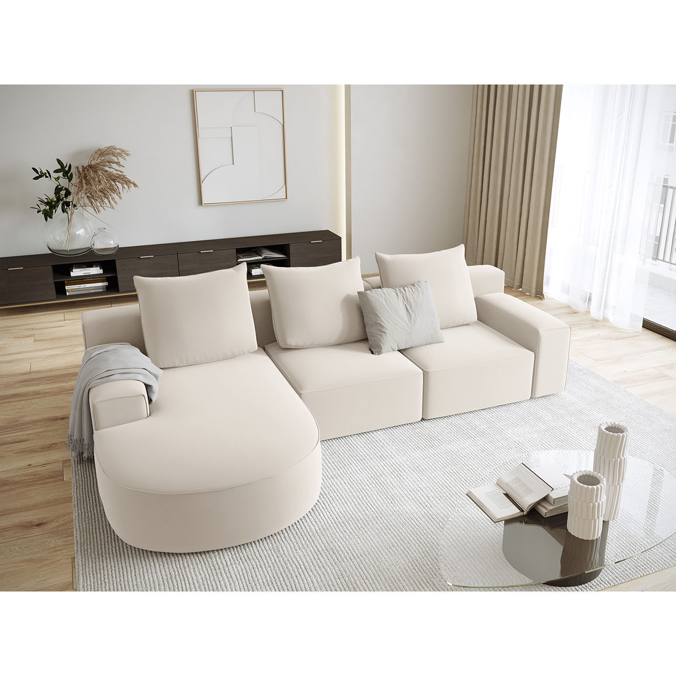Mazzini Sofas Canapé d'angle gauche arrondi en velours Ivy 5 Places beige - 285x180x89 cm