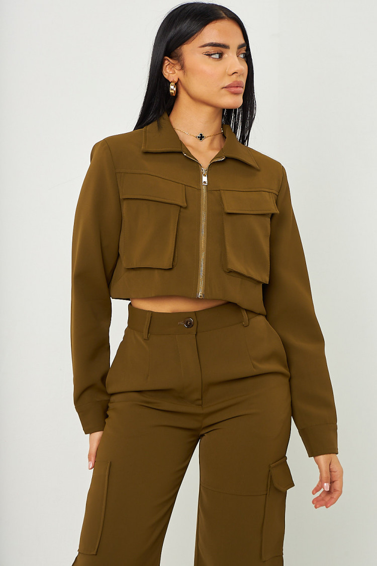 Ensemble 2 pièces veste courte + pantalon large poche cargo kaki
