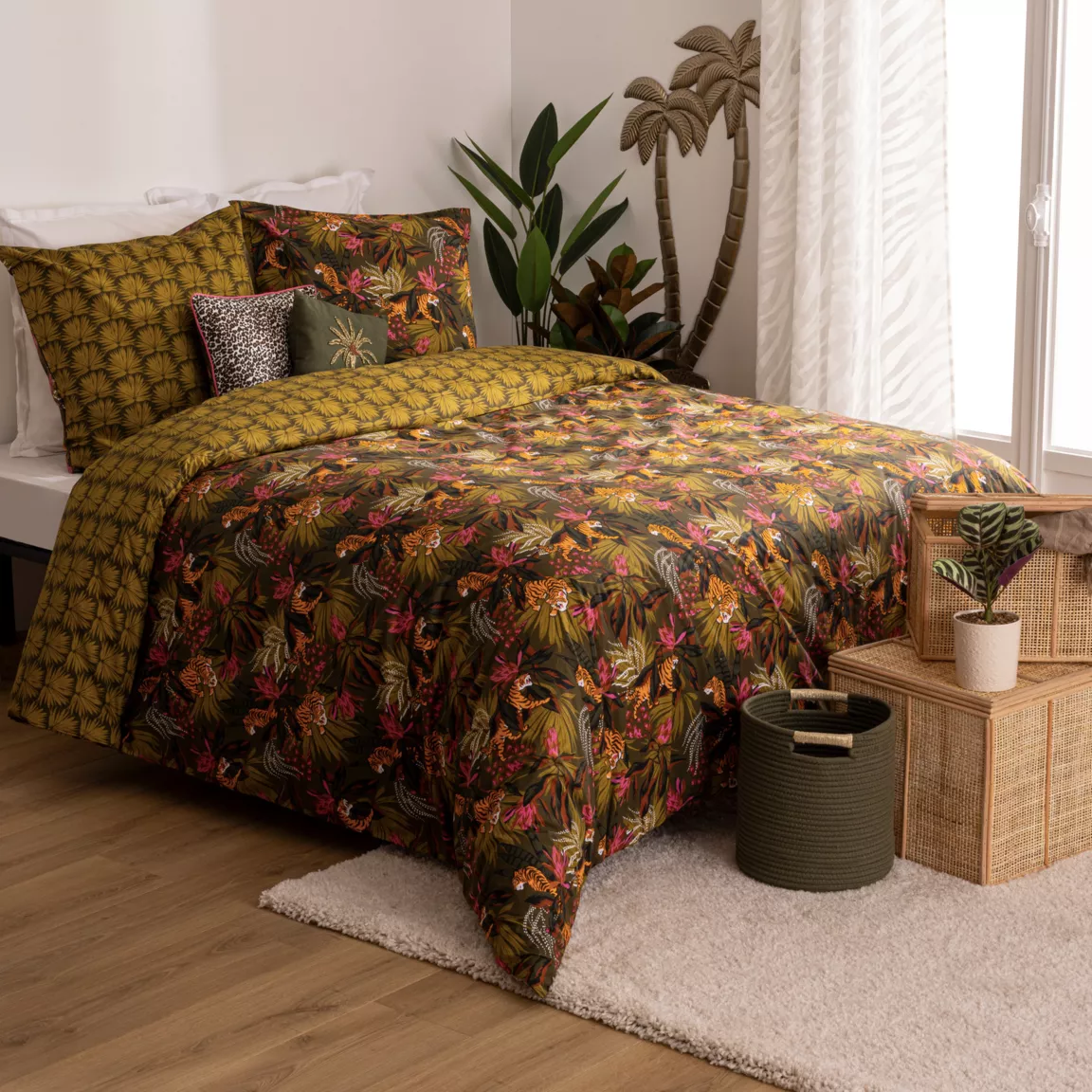 Housse de couette et deux taies coton (240 x 220 cm) Boudoir Vert kaki