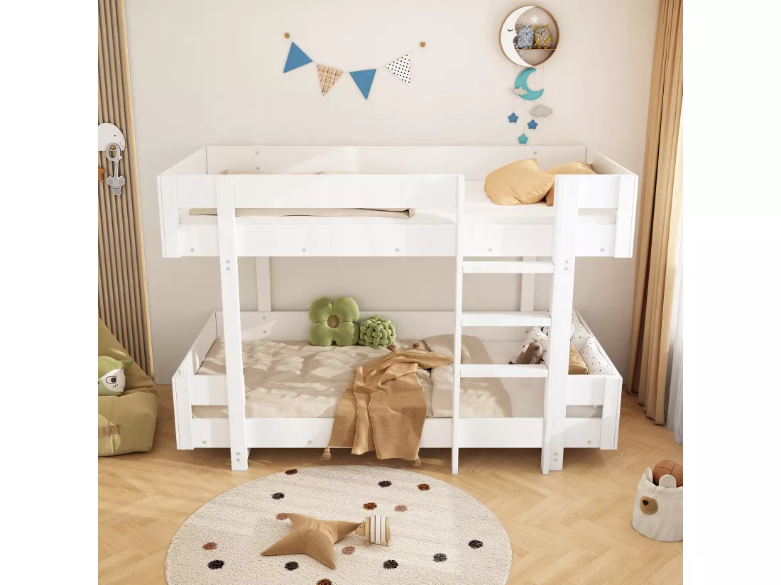 Lit superposé pour enfant 90x200 cm - avec échelle et garde-corps - design simple - Blanc (sans matelas)