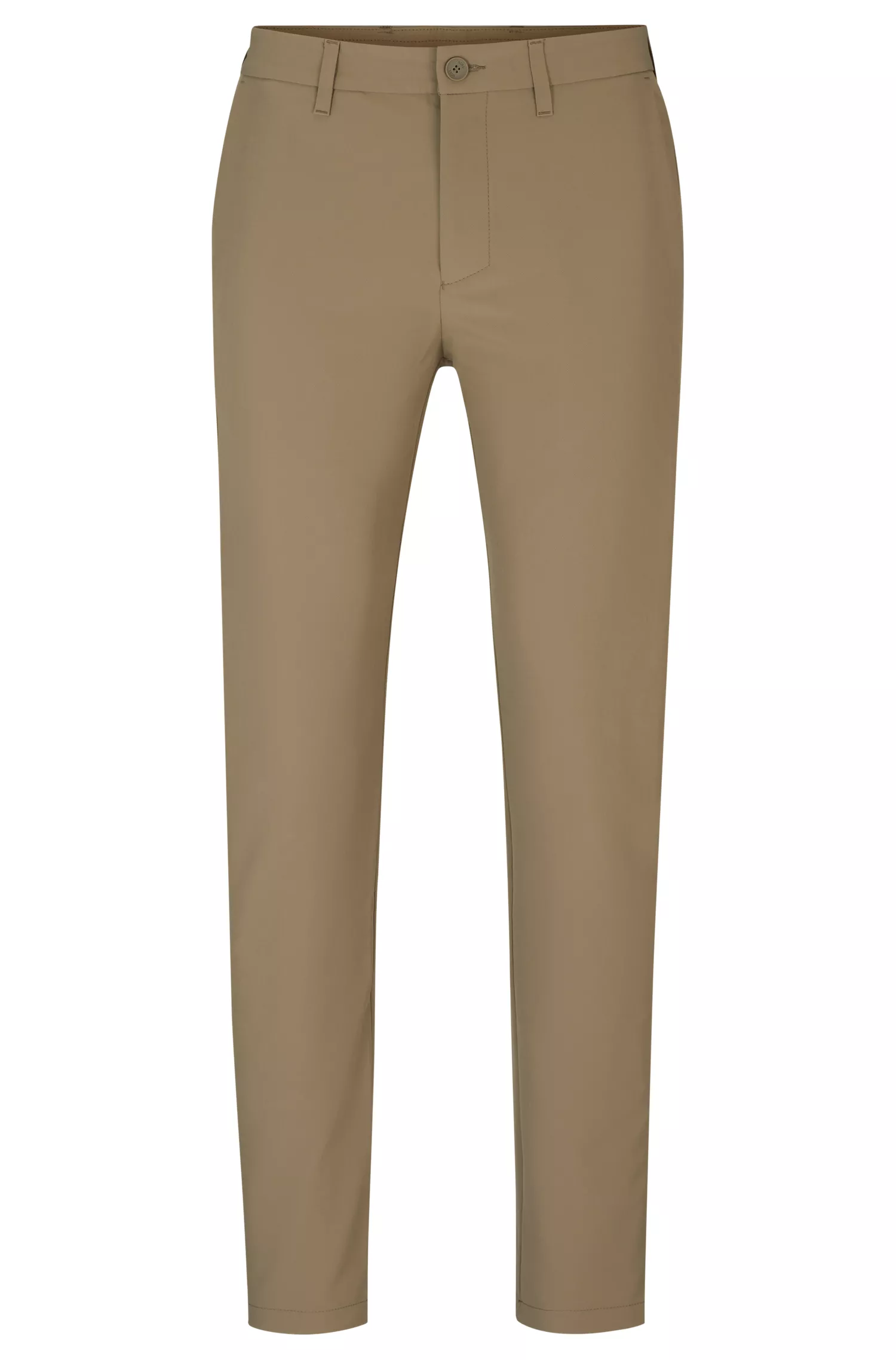 Calça chino BOSS verde-slim em tecido elástico em quatro direções, fácil de passar.