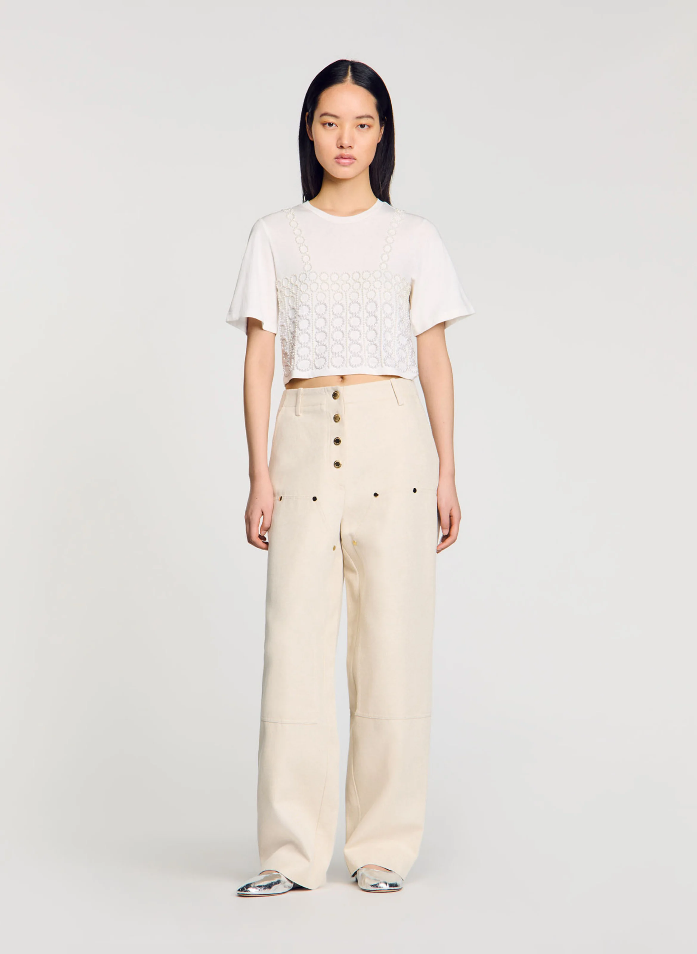 Tee-shirt court à broderies perles | Blanc